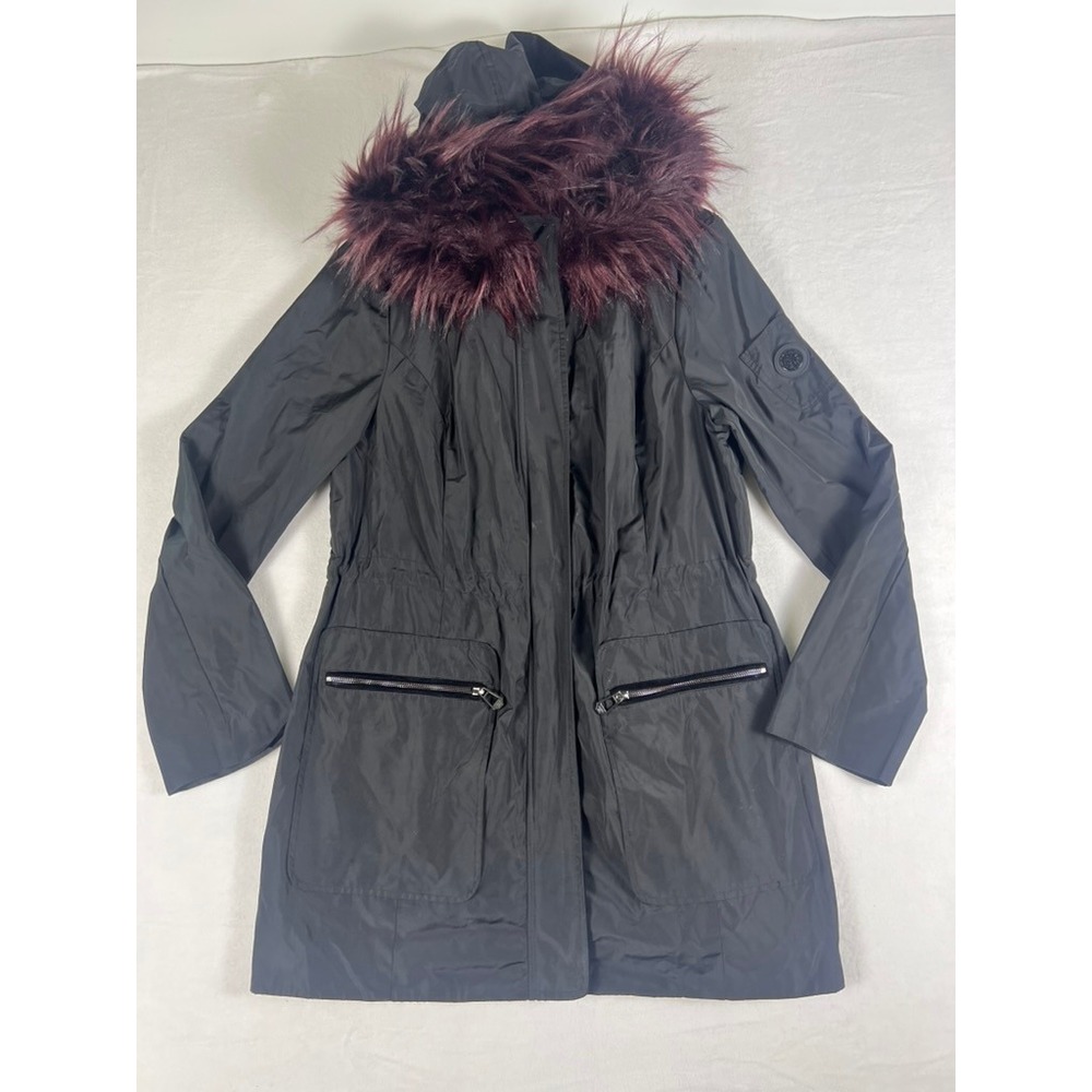 Gianni Bini Parka Jacket Wm L Black‎ Faux Fur Hood Gorpcore Edgy Academia Grunge